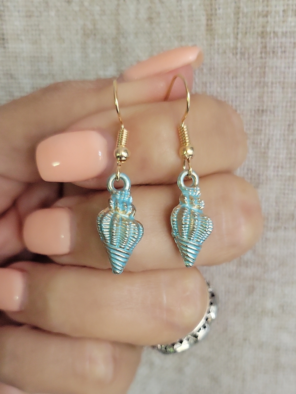Aqua Conch Seashell Drop Earrings - Turquoise Gold Accent